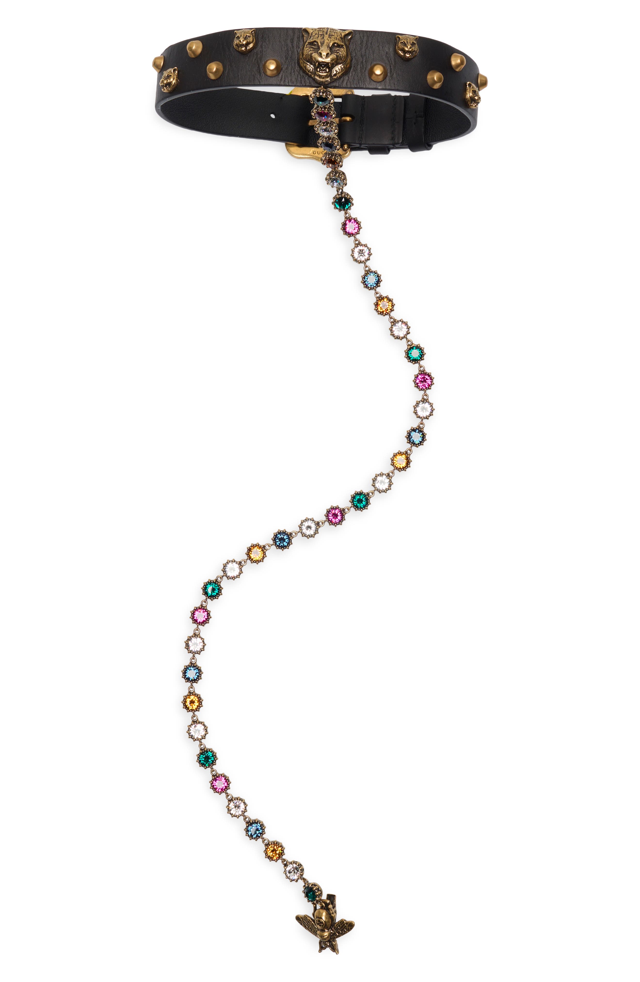 Gucci Feline Leather Choker Necklace with Rhinestone Chain