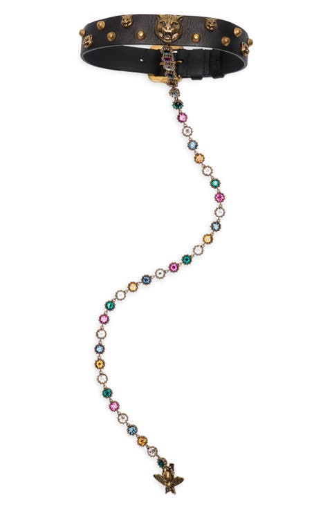 Feline Leather Choker Necklace with Rhinestone Chain