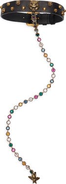 Gucci Feline Leather Choker Necklace with Rhinestone Chain