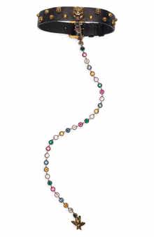 Gucci Feline Leather Choker Necklace with Rhinestone Chain