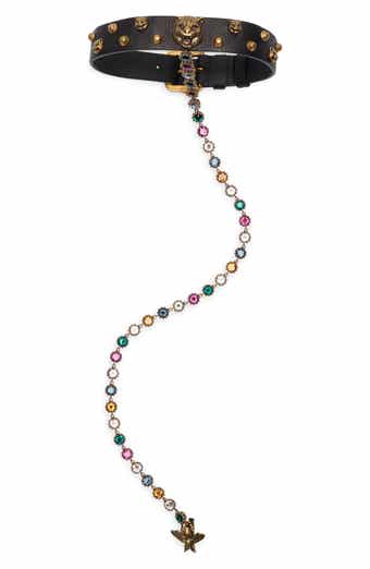 Gucci Feline Leather Choker Necklace with Rhinestone Chain
