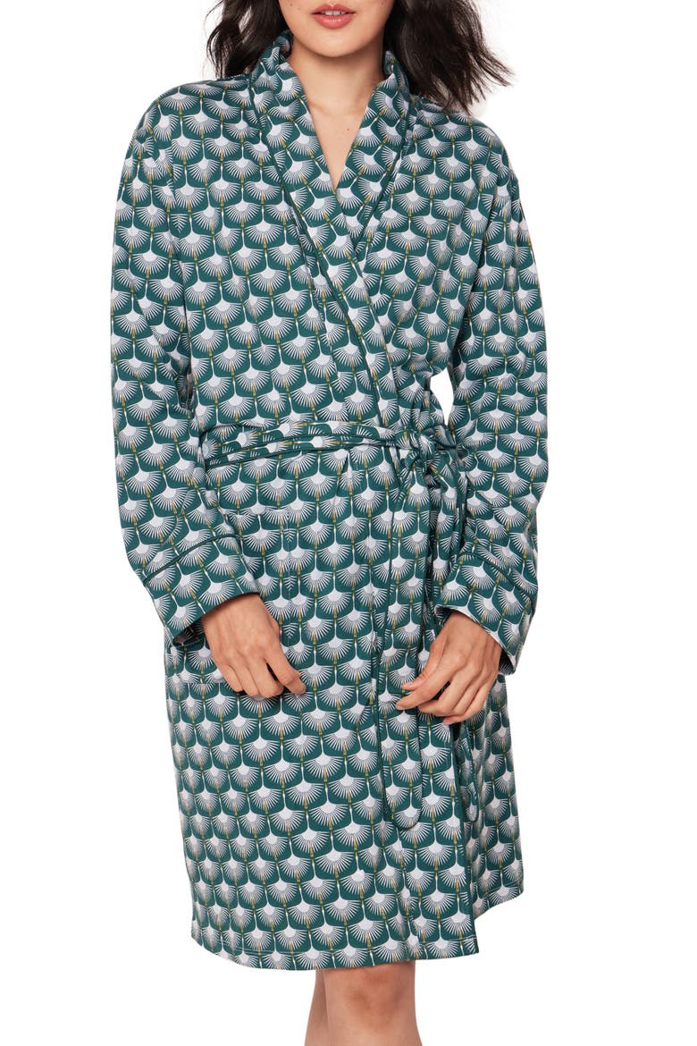 Sonnet of Swans Print Piped Pima Cotton Robe, Main, color, GREEN