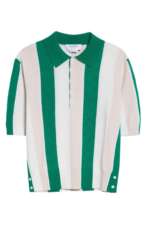 Shadow Stripe Mixed Stitch Short Sleeve Cashmere Polo Sweater