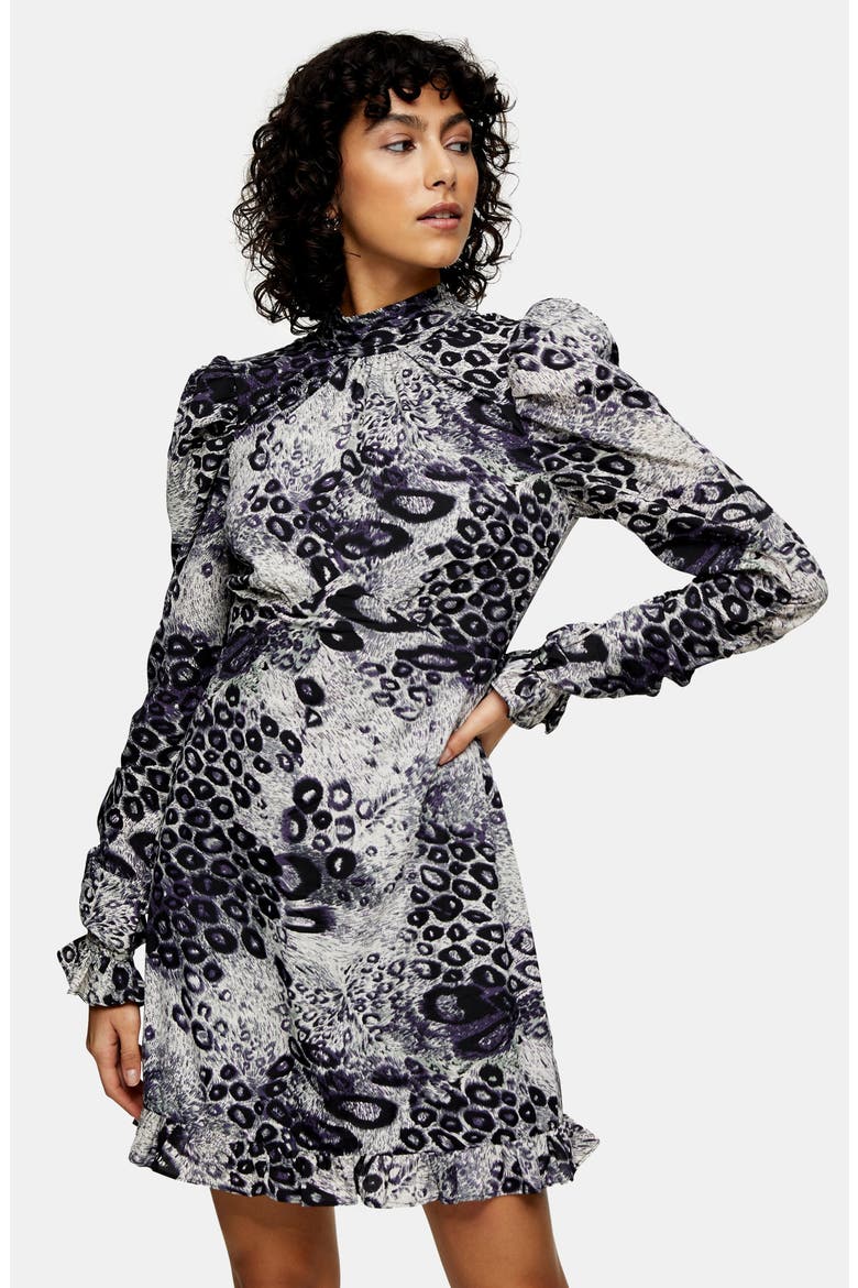 Animal Print Long Sleeve Minidress, Alternate, color, BLACK MULTI