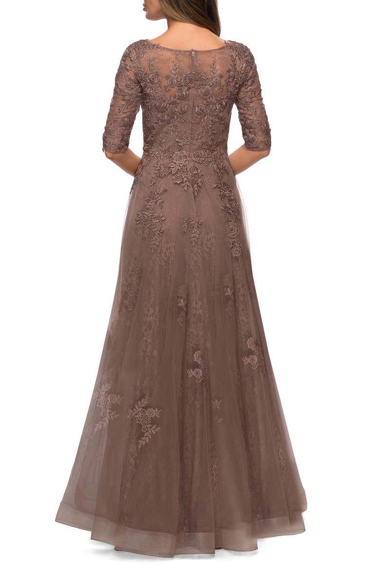 Lace and Tulle A-line Gown with Three Quarter Sleeves