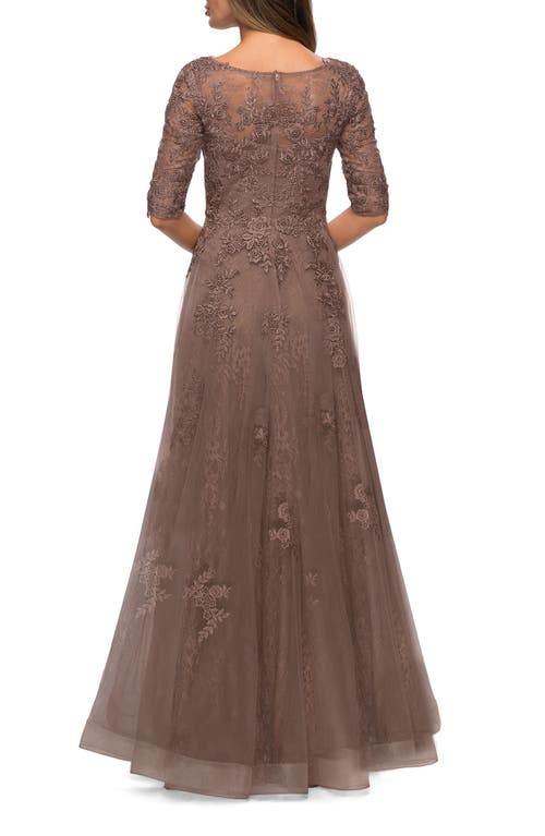 La Femme Lace And Tulle A-line Gown With Three Quarter Sleeves In Cocoa