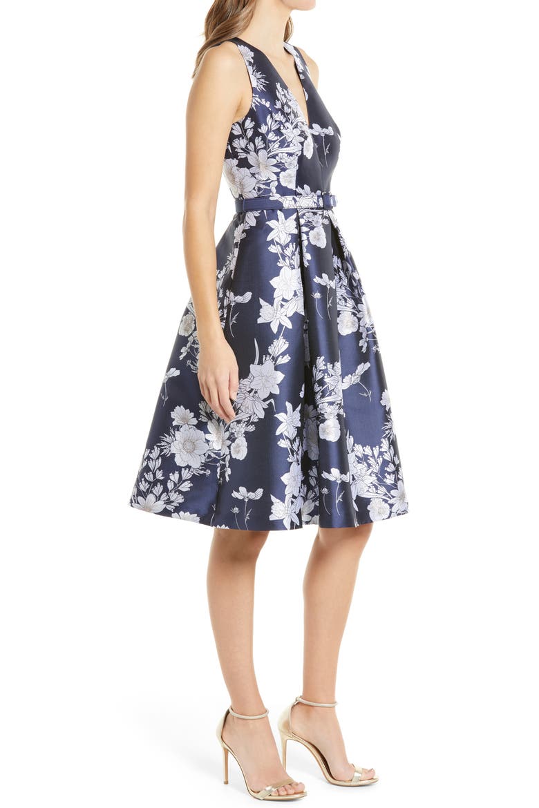 Floral Satin Fit & Flare Dress, Alternate, color, NAVY