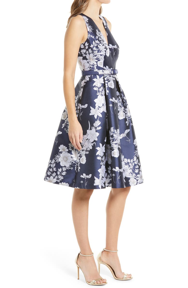 Eliza J Floral Satin Fit & Flare Dress, Alternate, color, Navy