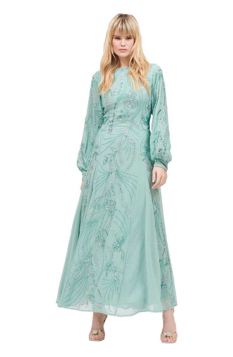 MARYISA Occasion Modest Embellished Sequin Beaded Boat Neck Evening Maxi Dress, Main, color, Misty Green