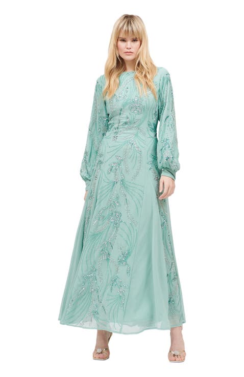 Occasion Modest Embellished Sequin Beaded Boat Neck Evening Maxi Dress