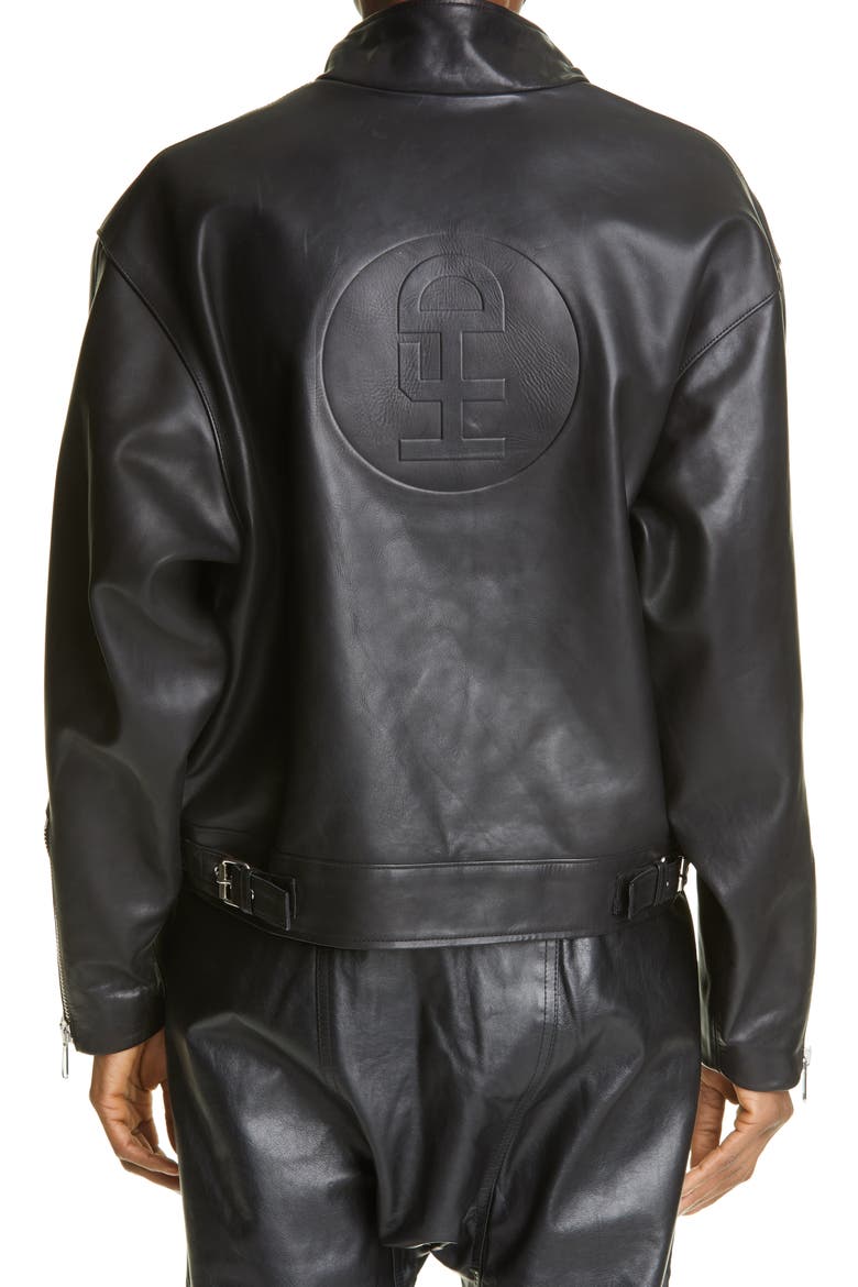 Unisex Logo Embossed Leather Biker Jacket, Alternate, color, BLACK
