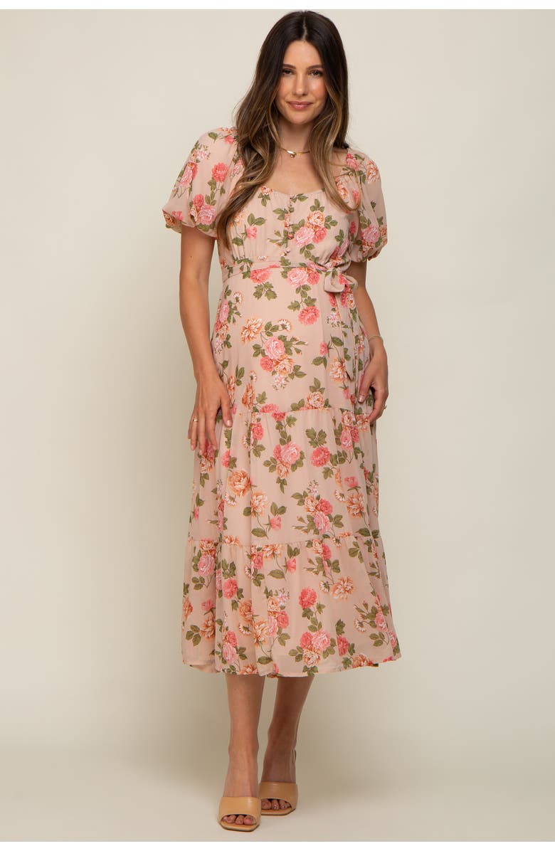 PinkBlush Floral Button Puff Sleeve Midi Dress, Alternate, color, Pink