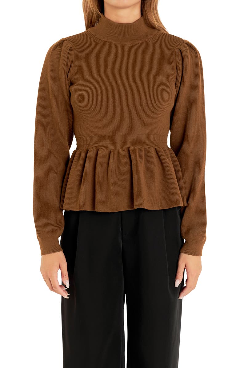 English Factory Mock Neck Peplum Rib Sweater, Alternate, color, Brown