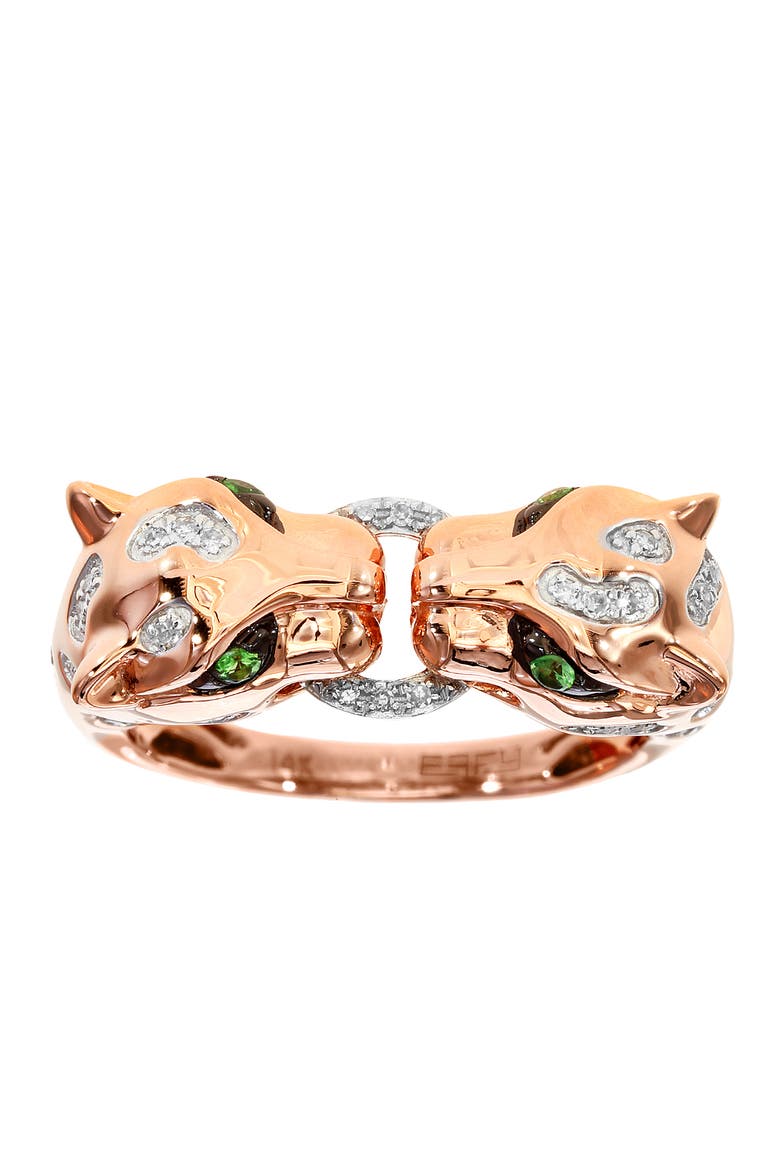 14K Rose Gold Diamond & Tsavorite Double Panther Head Ring, Main, color, 14K Gold