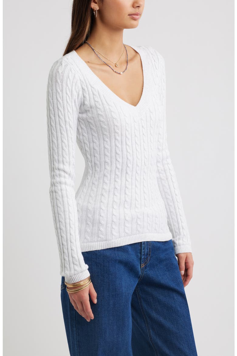 Cable Stitch V-Neck Sweater, Alternate, color, GREY FOG HEATHER
