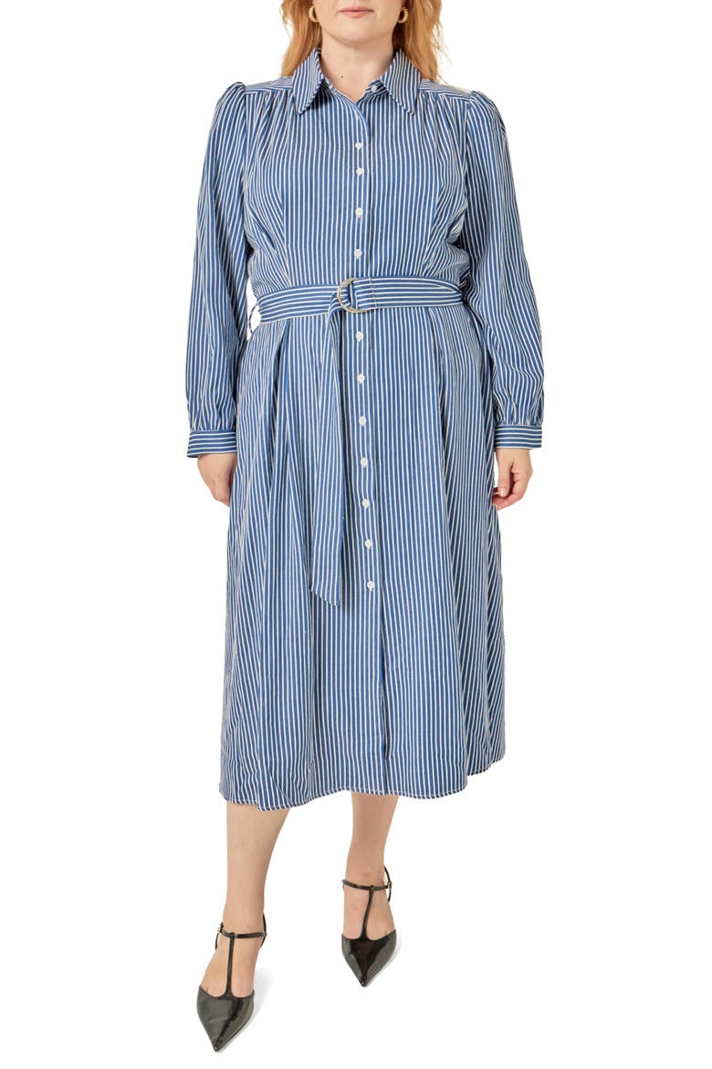 Stripe Belted Long Sleeve Maxi Dress, Main, color, NAVY