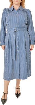 English Factory Stripe Belted Long Sleeve Maxi Dress