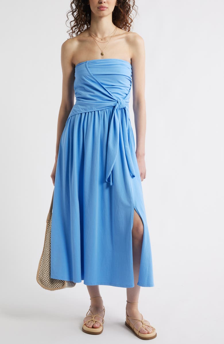 Treasure & Bond Strapless Tie Front Stretch Cotton Midi Sundress, Main, color, Blue Provence