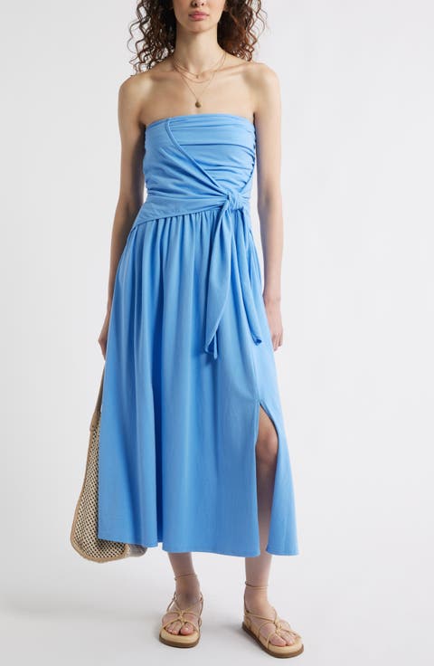 Strapless Tie Front Stretch Cotton Midi Sundress
