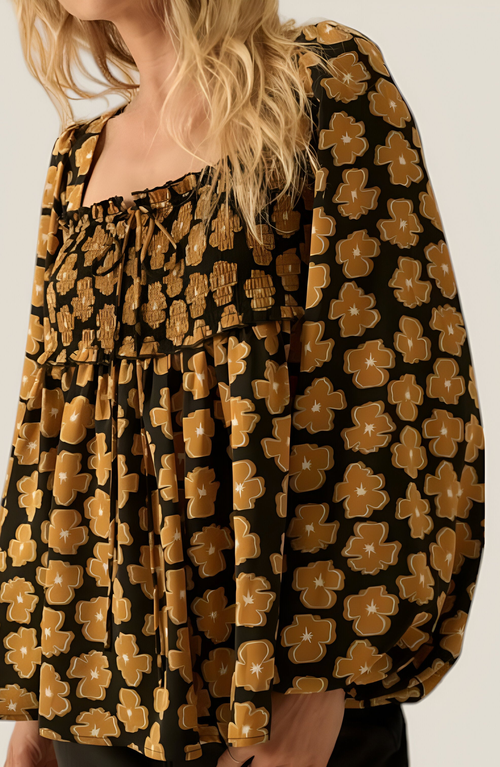 Modenaire Floral Print Smocked Bodice Long Sleeve Top With Square Neckline In Brown