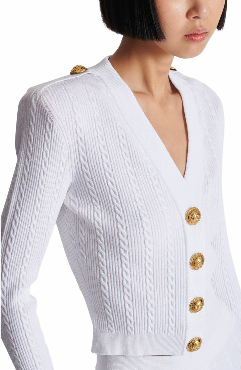 Balmain Long-Sleeved Cable-Knit Cardigan, Alternate, color, White