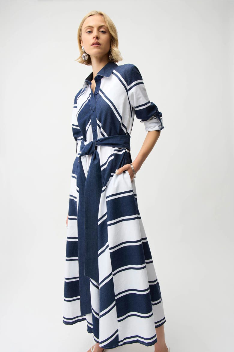 Cotton Stripe Print Fit and Flare Shirt Dress with Reversible Sash, Main, color, Navy/White
