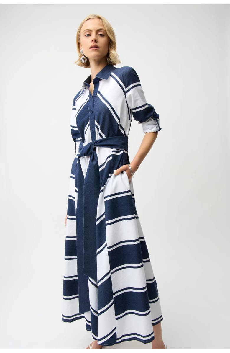 Joseph Ribkoff Cotton Stripe Print Fit and Flare Shirt Dress with Reversible Sash, Main, color, Navy/White