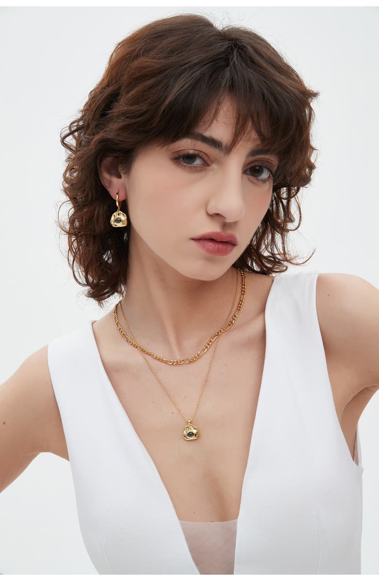 Classicharms Aria Gemstone Pendant Necklace and Figaro Chain Layering Set, Alternate, color, Gold/Noir Black