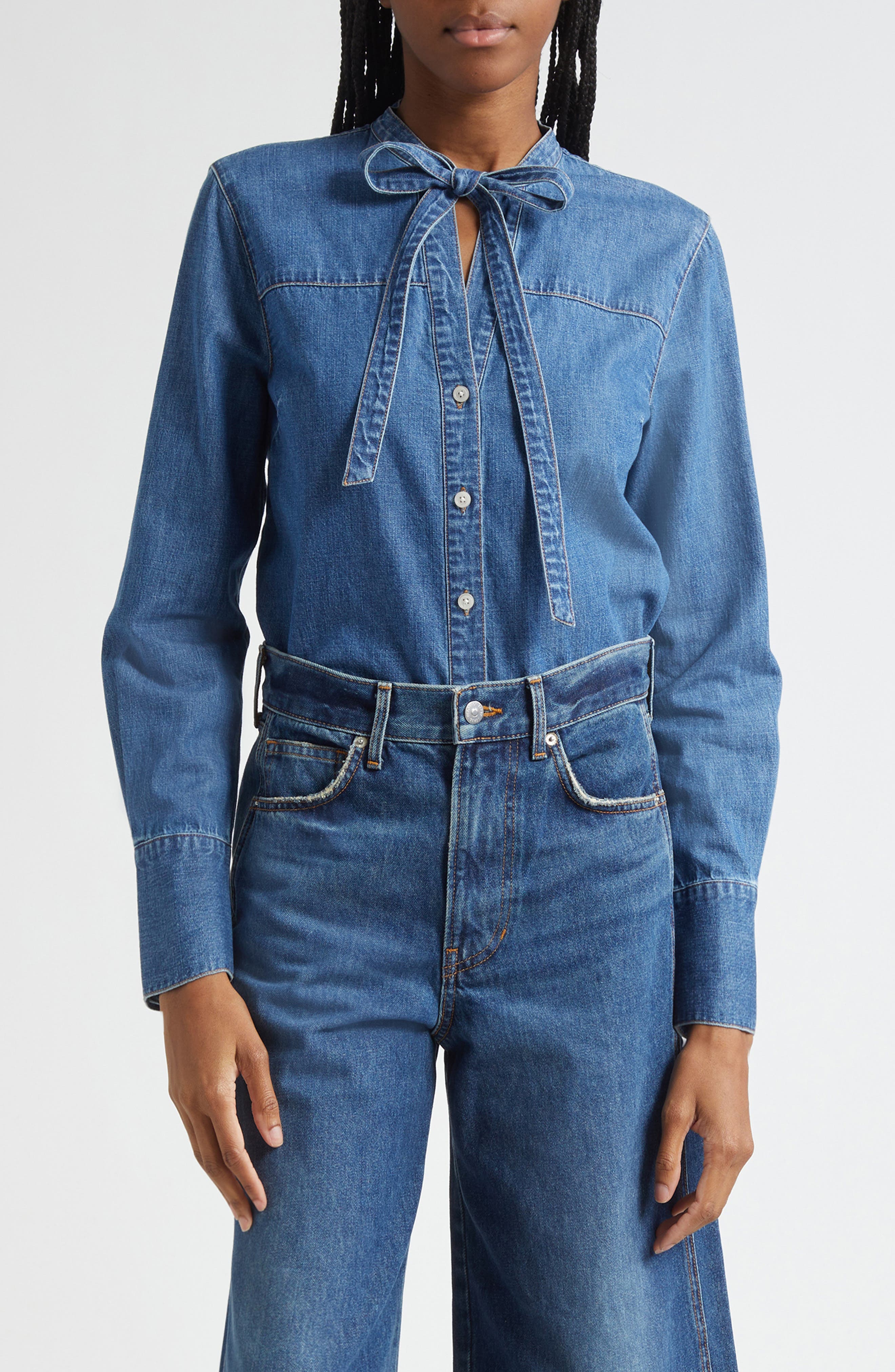 Veronica Beard Gabby Tie Neck Button-Up Denim Shirt