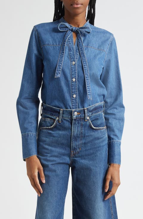 Gabby Tie Neck Button-Up Denim Shirt