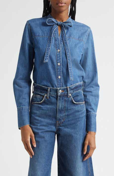 Veronica Beard Gabby Tie Neck Button-Up Denim Shirt