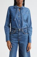 Veronica Beard Gabby Tie Neck Button-Up Denim Shirt