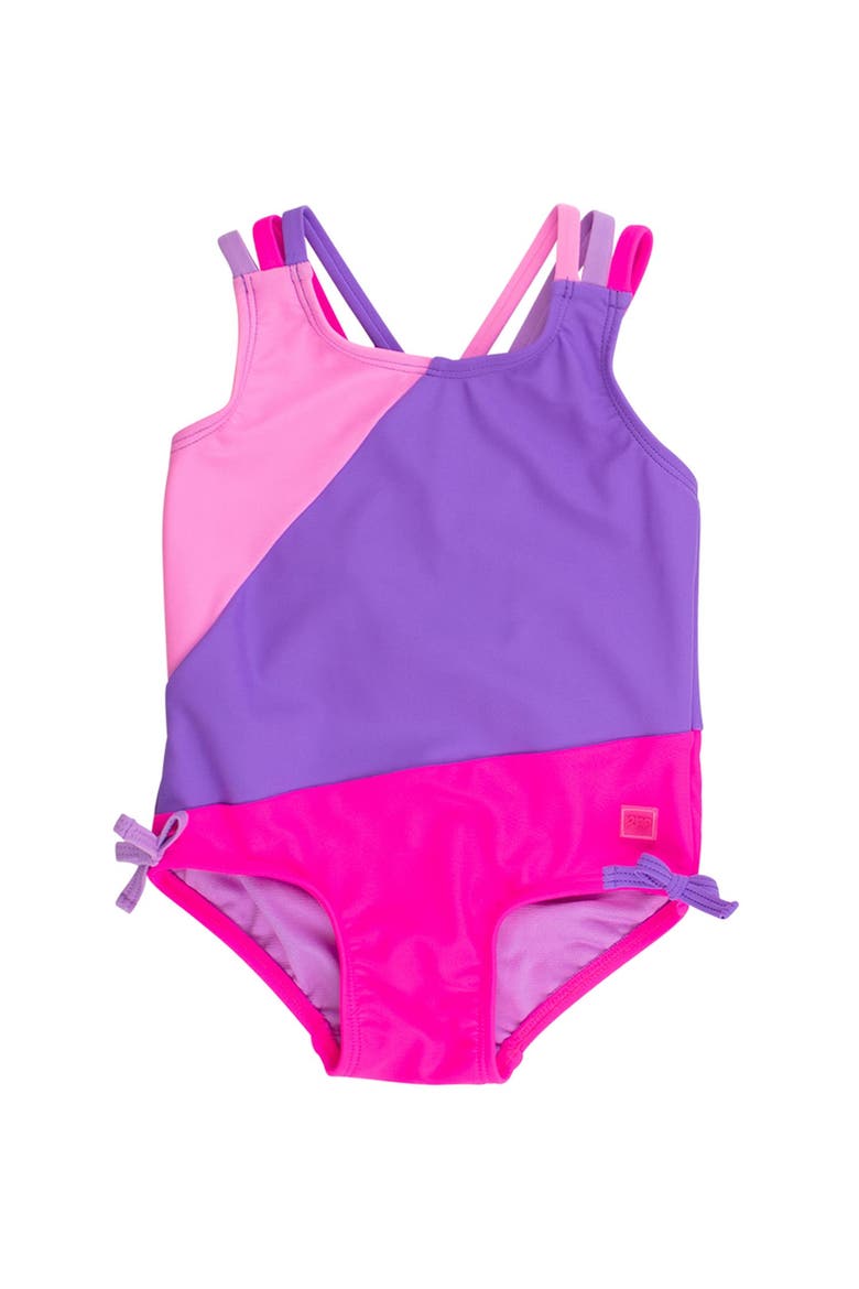 UPF50+ Sun Protected Color Block Cross-Back One Piece Swimsuit, Main, color, Neon Purple Color Block