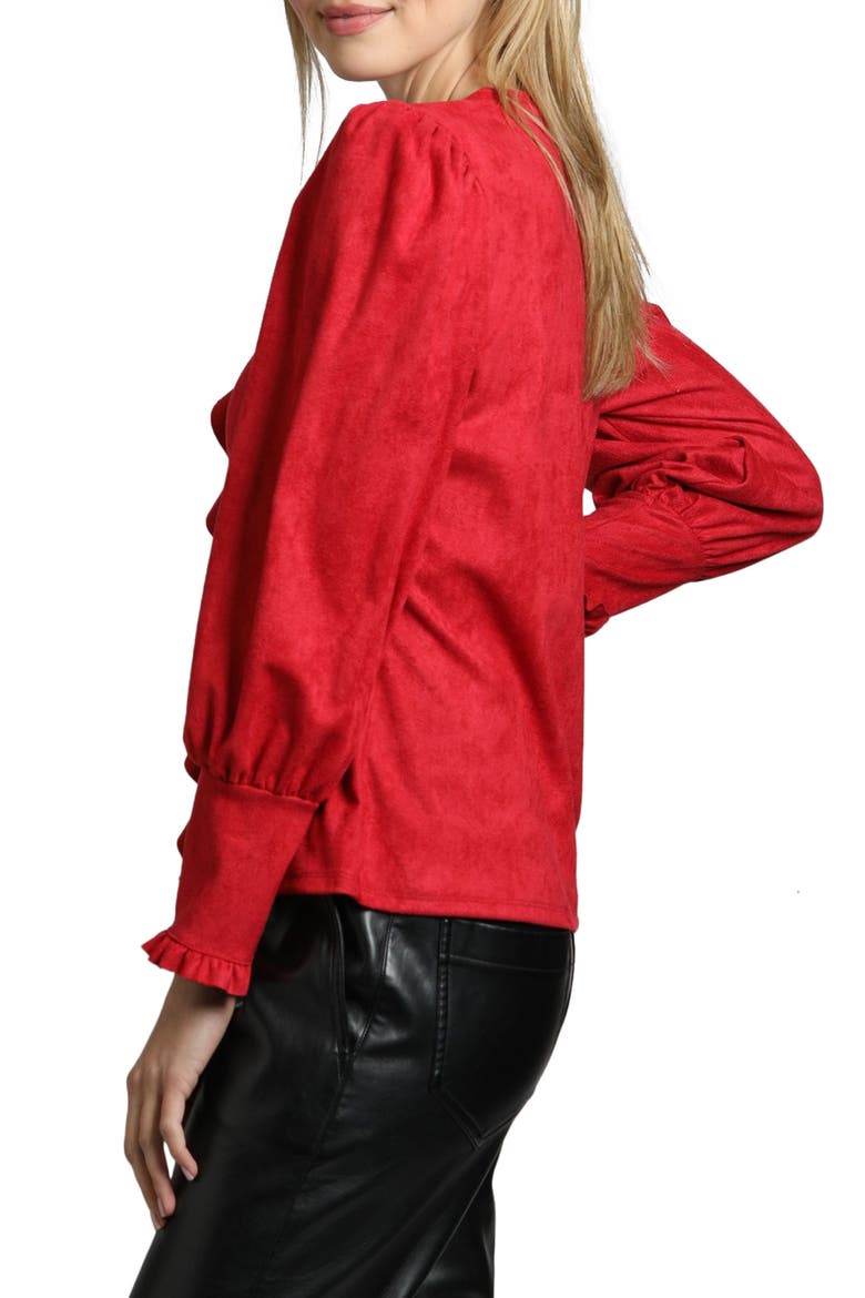 Ruffle Puff Sleeve Faux Suede Button-Up Shirt, Alternate, color, RED