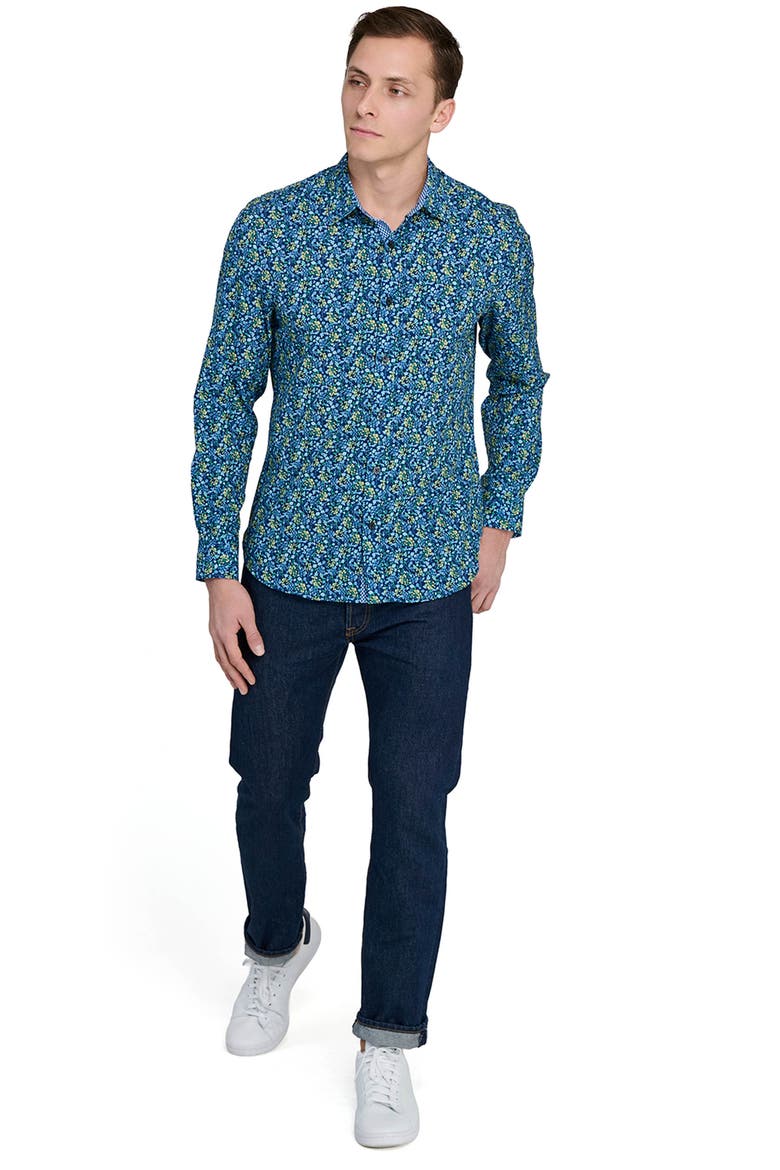Fancy Floral Stretch Button-Up Shirt, Alternate, color, NAVY/ YELLOW