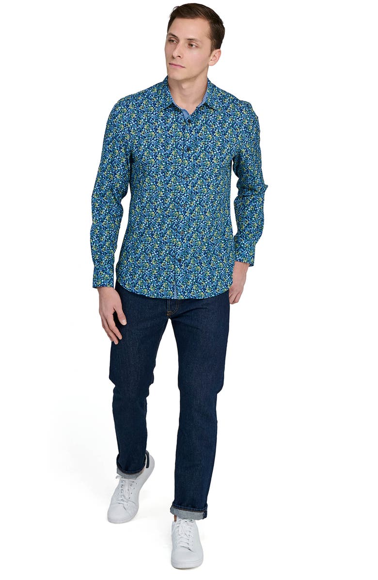 CONSTRUCT Fancy Floral Stretch Button-Up Shirt, Alternate, color, Navy/ Yellow