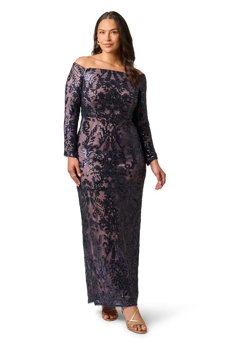 Off the Shoulder Sequin Gown, Alternate, color, NAVY/ ROSEGOLD