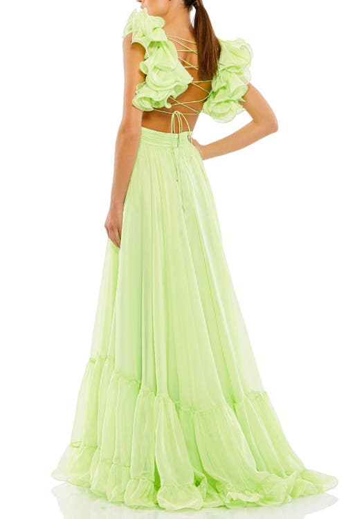 Mac Duggal Ruffle Tiered Cut-out Chiffon Gown In Mint