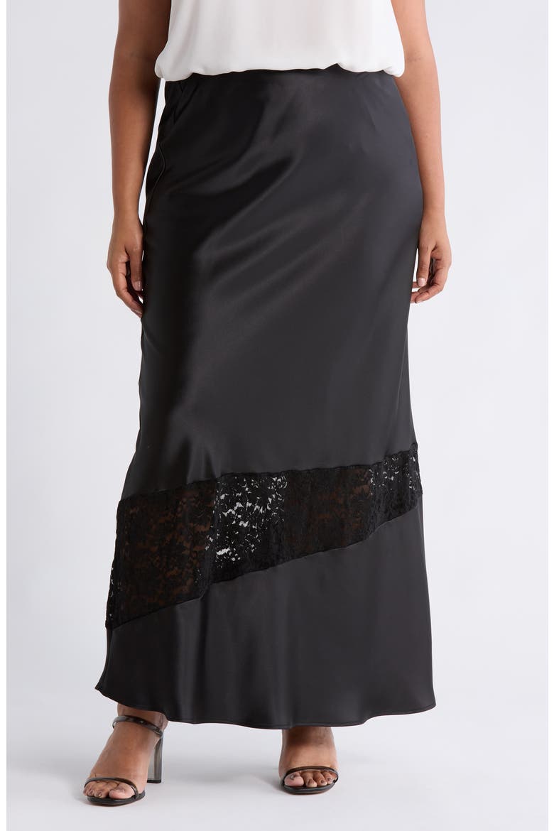 Lace Trim Satin Maxi Skirt, Main, color, BLACK