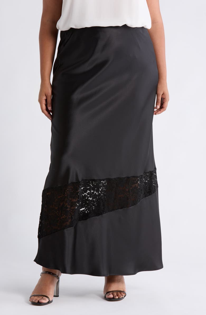 Renee C Lace Trim Satin Maxi Skirt, Main, color, Black