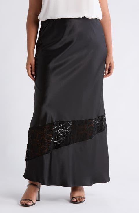 Lace Trim Satin Maxi Skirt (Plus)