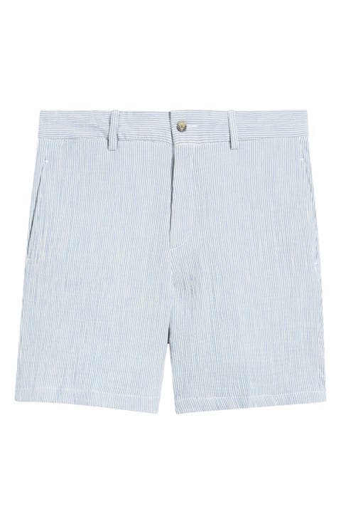 Linen Look Stripe Flat Front Cotton Seersucker Shorts