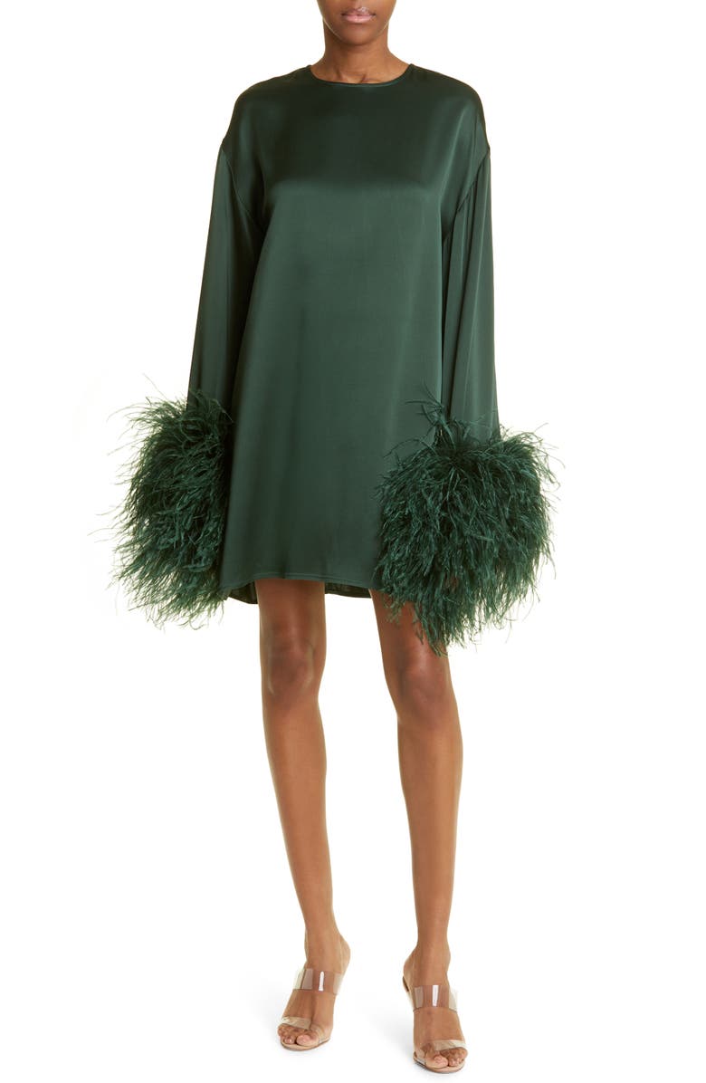 LAPOINTE Ostrich Feather Trim Long Sleeve Crepe Shift Dress, Main, color,
