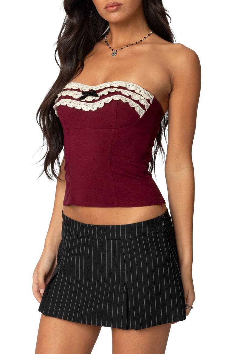 Ruffle Eyelet Tube Top, Alternate, color, BURGUNDY