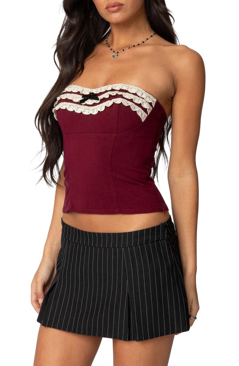 EDIKTED Ruffle Eyelet Tube Top, Alternate, color, Burgundy