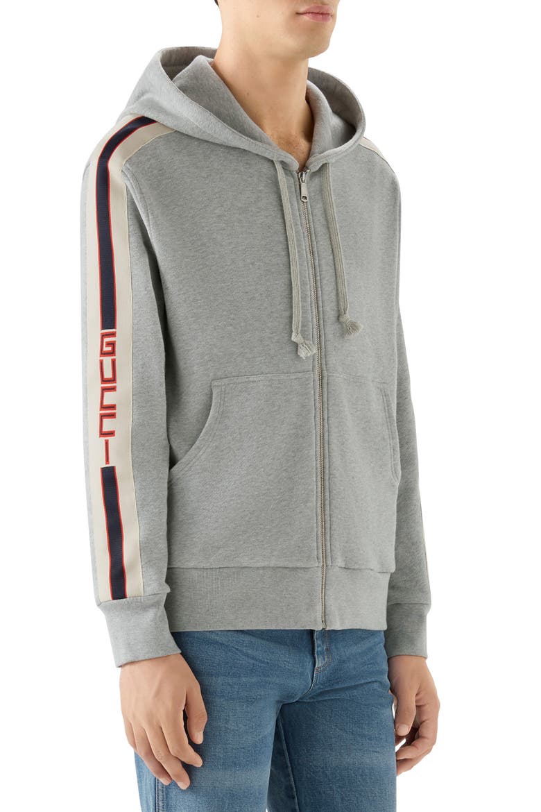 Logo Stripe Hoodie, Alternate, color, MEDIUM GREY/ MILK/ RED