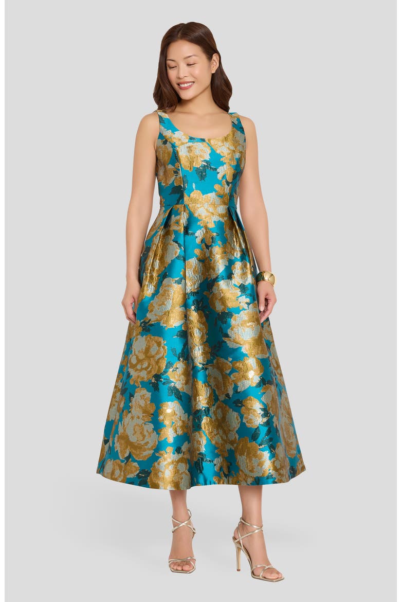 Brocade Sleeveless Cocktail Dress, Alternate, color, BLUE SUNFLOWER