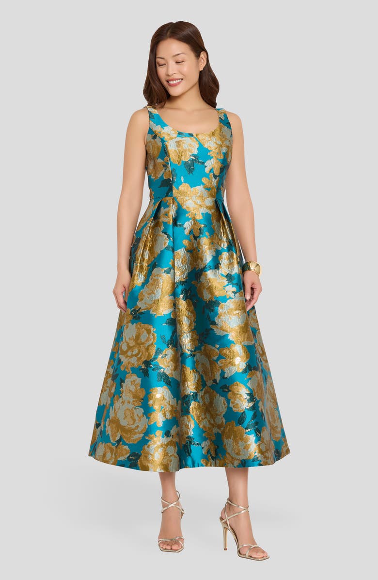 Tahari ASL Brocade Sleeveless Cocktail Dress, Alternate, color, Blue Sunflower