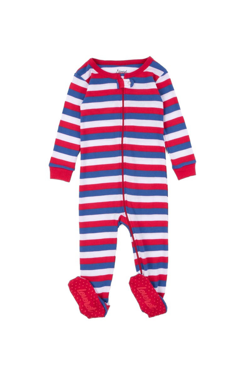 Leveret Kids Cotton Footed Pajamas, Solids, Stripes & Tie Dye, Main, color, Striped Red White & Blue