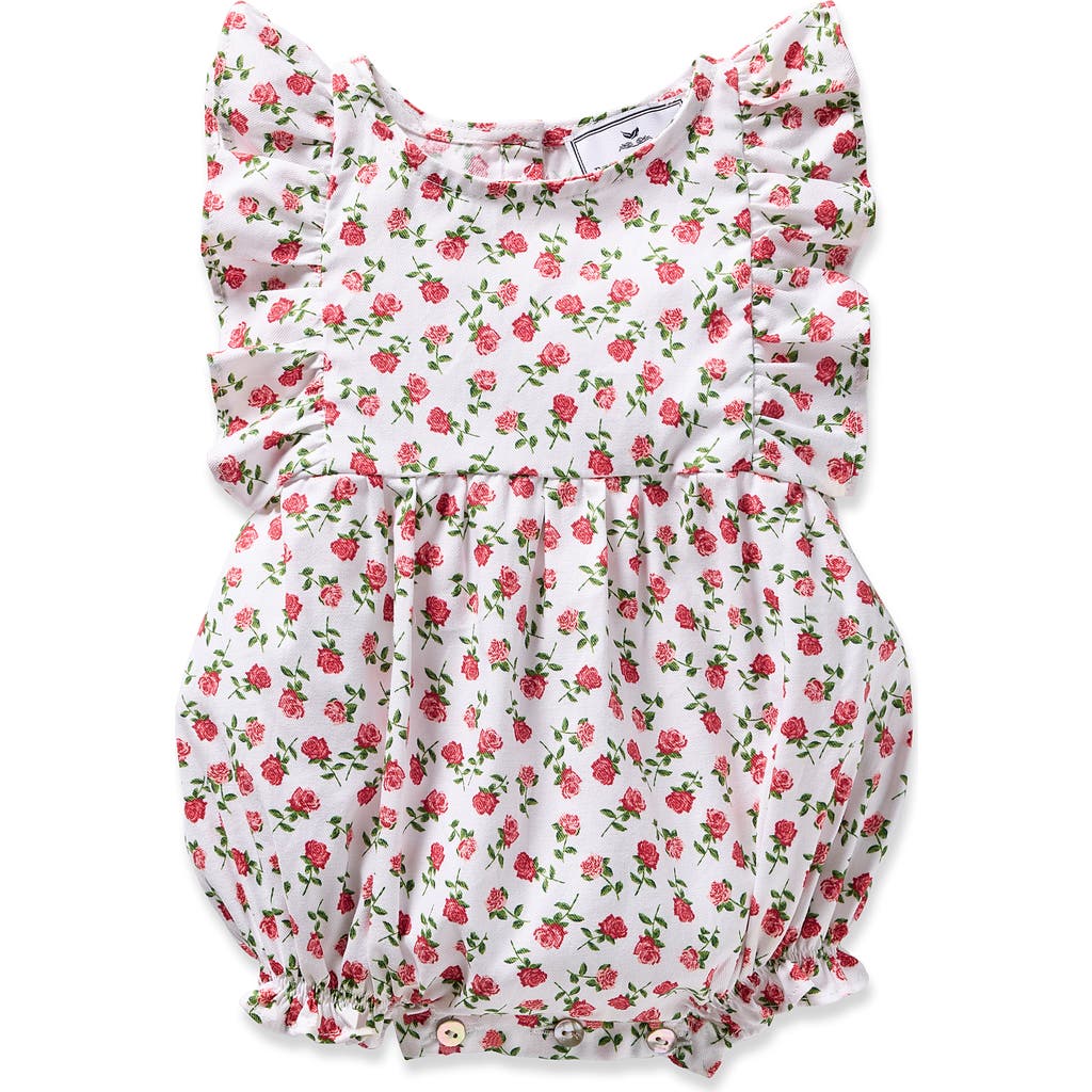 Petite Plume Rose Print Ruffle Twill Bubble Romper In Pink